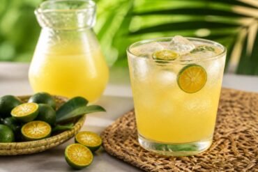 A glass and pitcher of Filipino calamansi juice over ice with fresh calamansi halves.