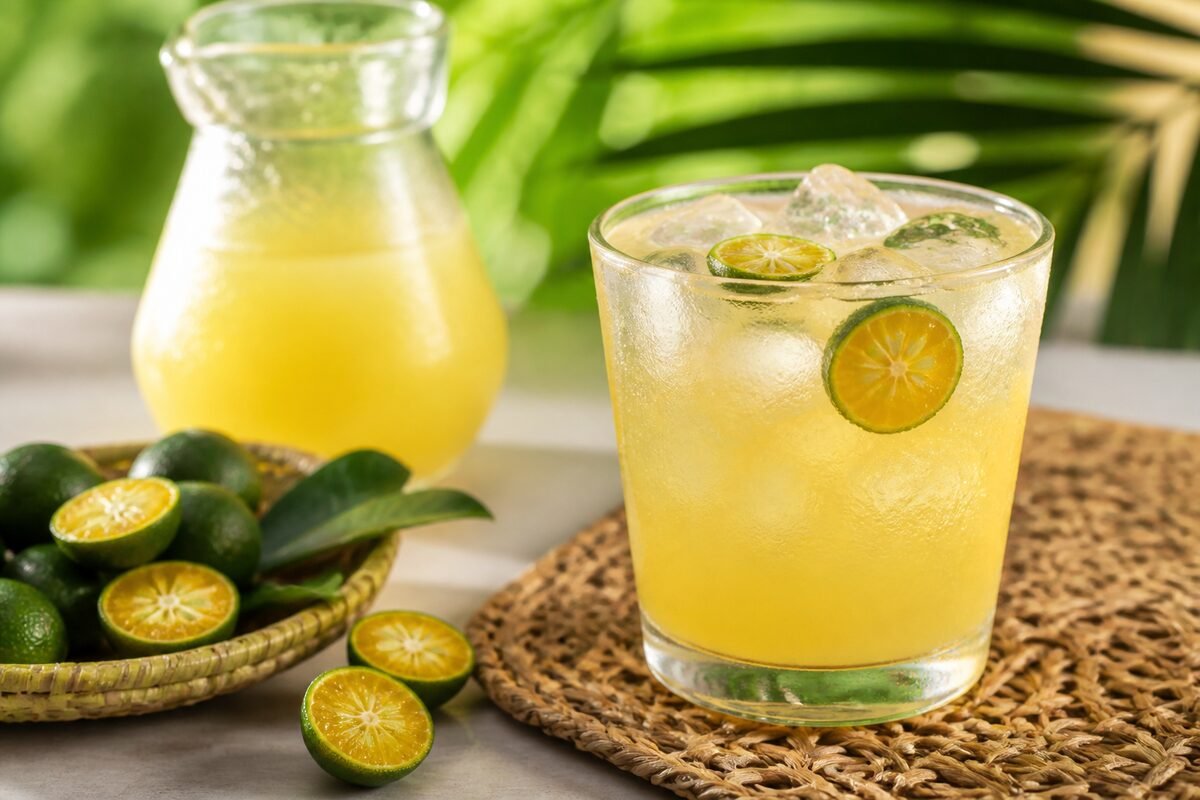 A glass and pitcher of Filipino calamansi juice over ice with fresh calamansi halves.
