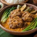 Filipino Kare-Kare peanut stew with oxtail and vegetables.