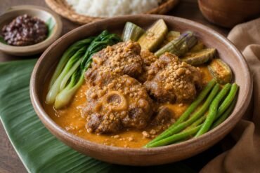 Filipino Kare-Kare peanut stew with oxtail and vegetables.