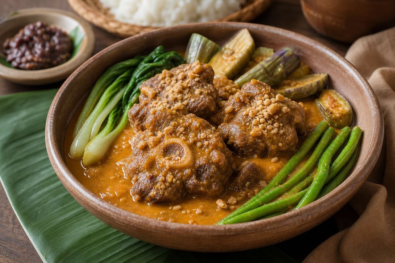 Filipino Kare-Kare peanut stew with oxtail and vegetables.