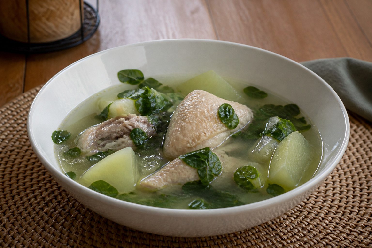 Filipino tinola with chicken, green papaya, and malunggay in clear ginger broth.