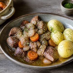 Finnish Karelian stew with tender beef, pork, lamb, carrots, onions, and boiled potatoes.