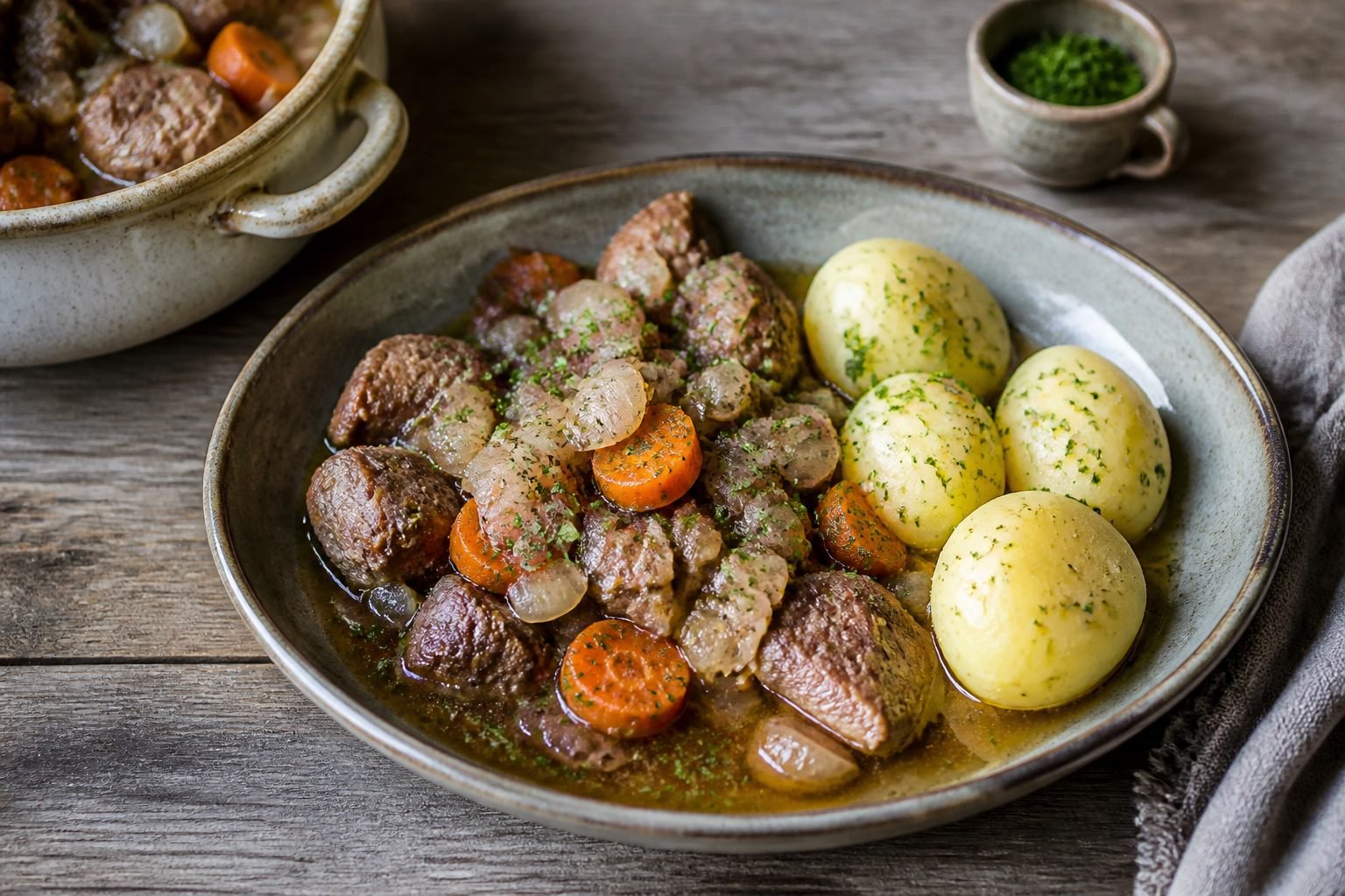 Finnish Karelian stew with tender beef, pork, lamb, carrots, onions, and boiled potatoes.