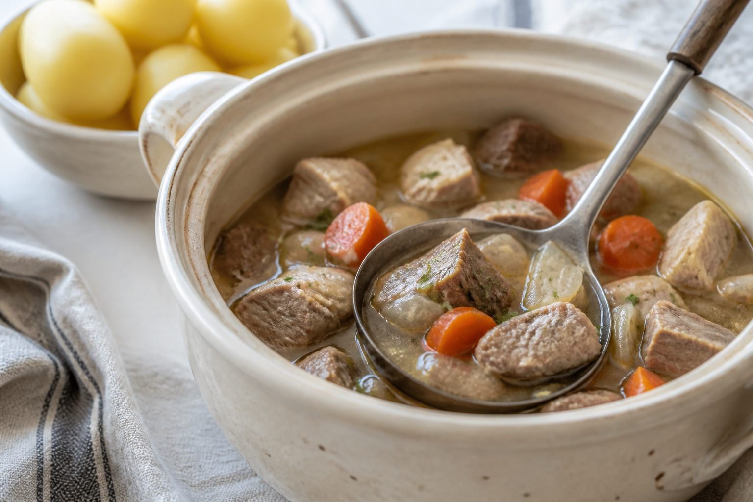 Karelian stew being served from a ceramic casserole with boiled potatoes nearby.