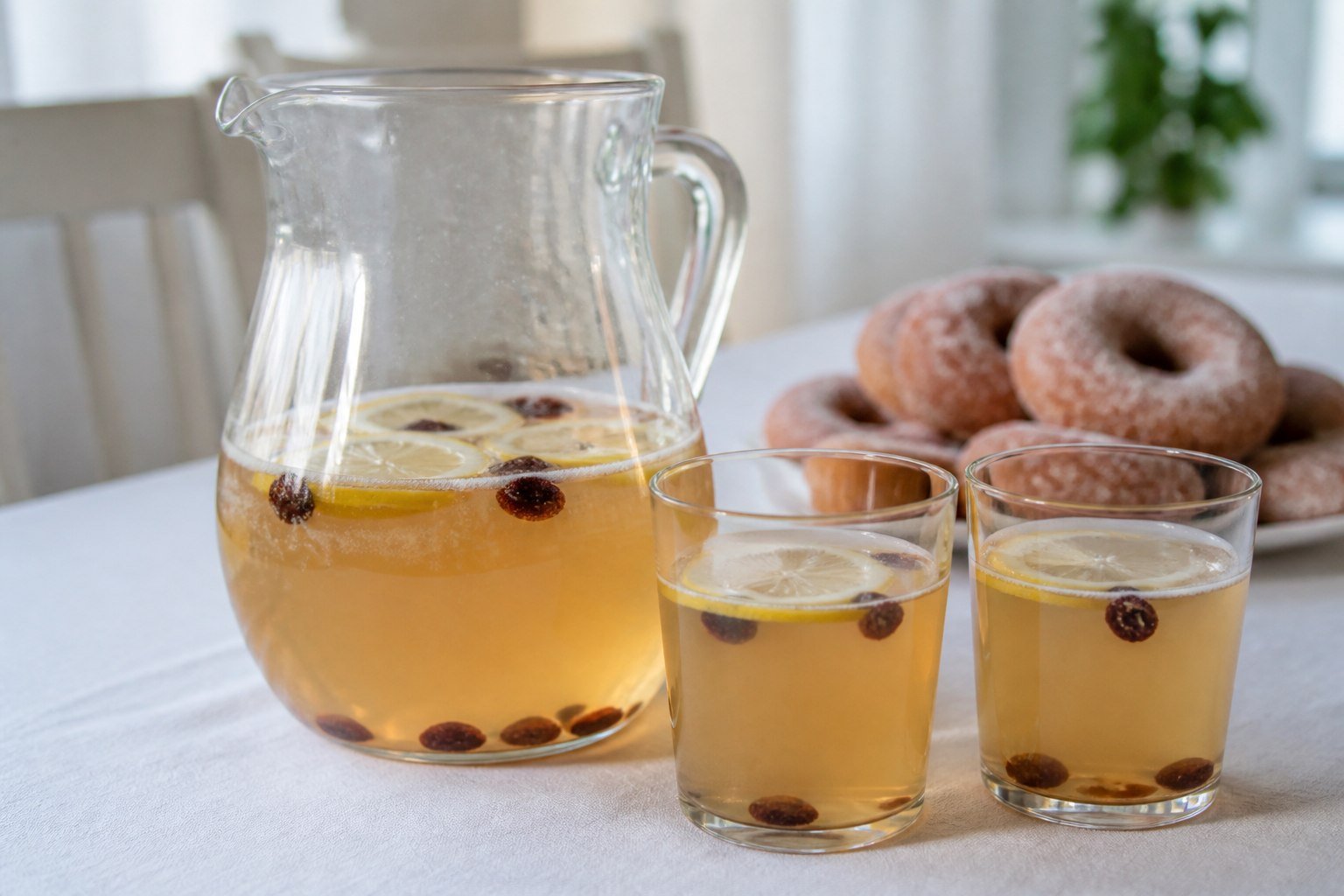 Finnish sima lemon drink in a pitcher and glasses with raisins.