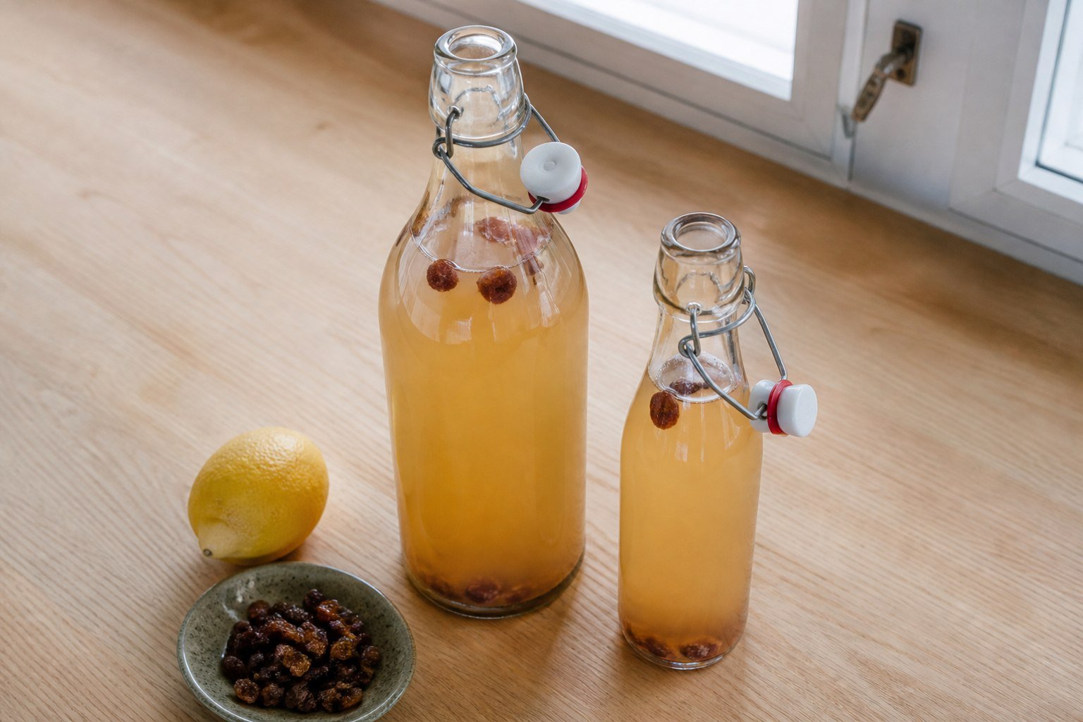 Finnish sima fermenting in clear swing-top bottles with lemon and raisins nearby.