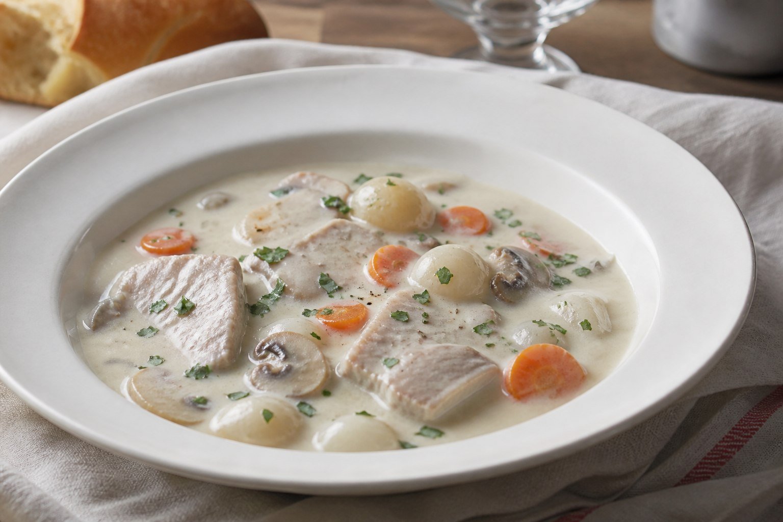 French blanquette de veau with creamy sauce, mushrooms, carrots, and pearl onions.