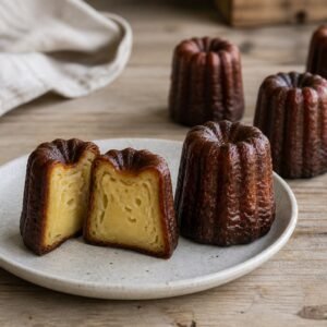 French caneles with caramelized fluted shells and a tender vanilla-rum custard center.