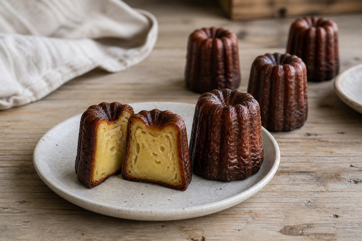 French caneles with caramelized fluted shells and a tender vanilla-rum custard center.