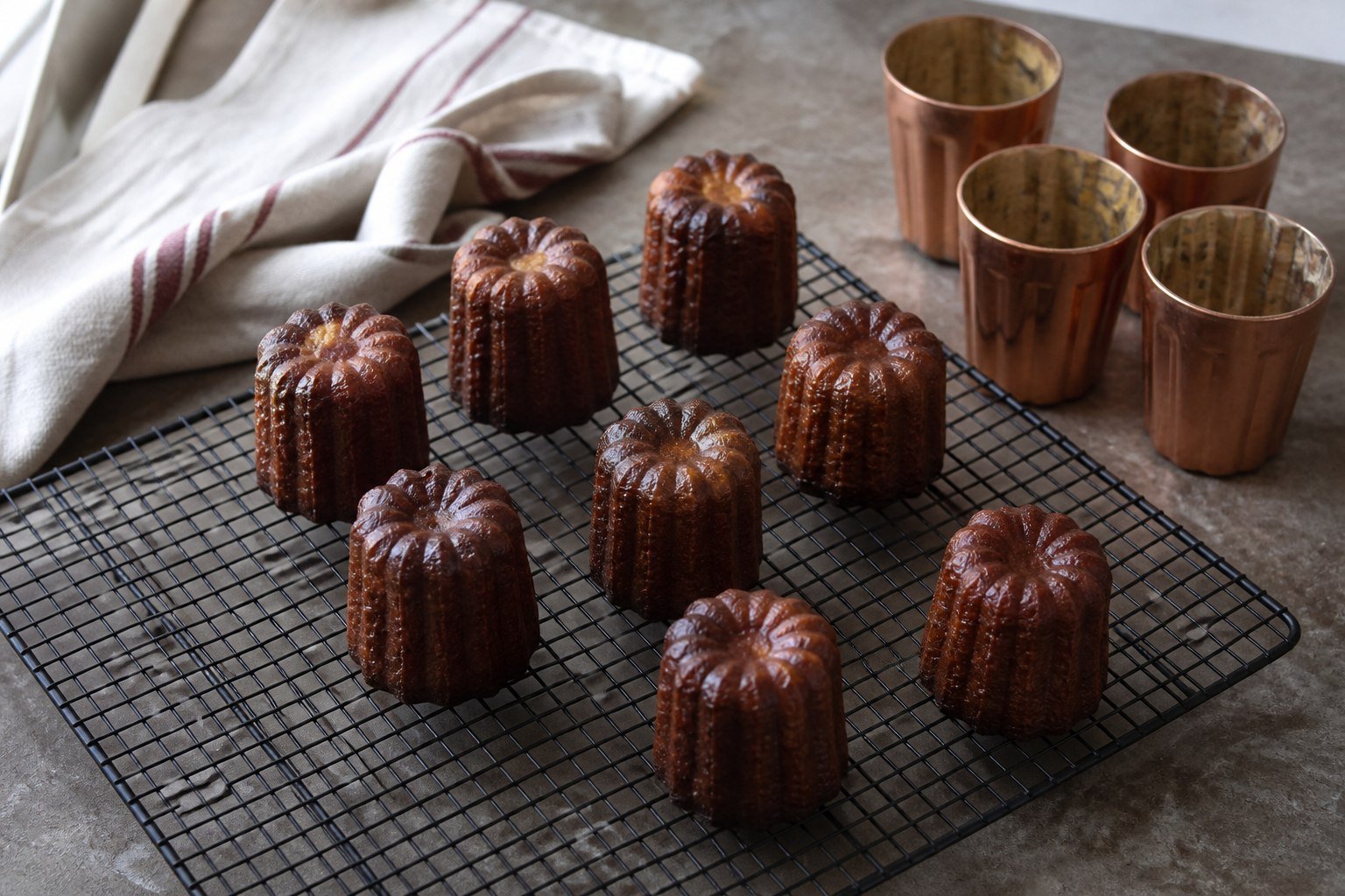 Freshly unmolded caneles cooling on a wire rack beside individual copper molds.