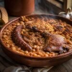 Rustic French cassoulet with white beans, duck confit, pork sausage, and a golden crust.