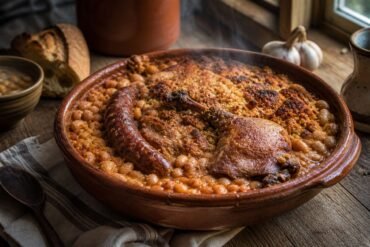Rustic French cassoulet with white beans, duck confit, pork sausage, and a golden crust.