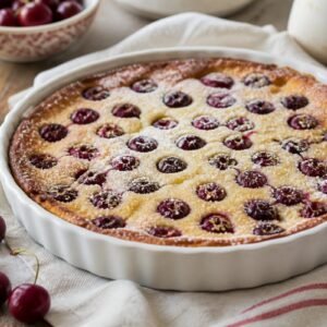 A rustic French cherry clafoutis dusted with powdered sugar in a white baking dish.