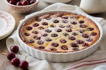A rustic French cherry clafoutis dusted with powdered sugar in a white baking dish.