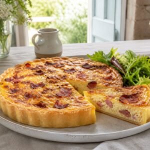 A golden French quiche Lorraine with bacon and cheese served with green salad.