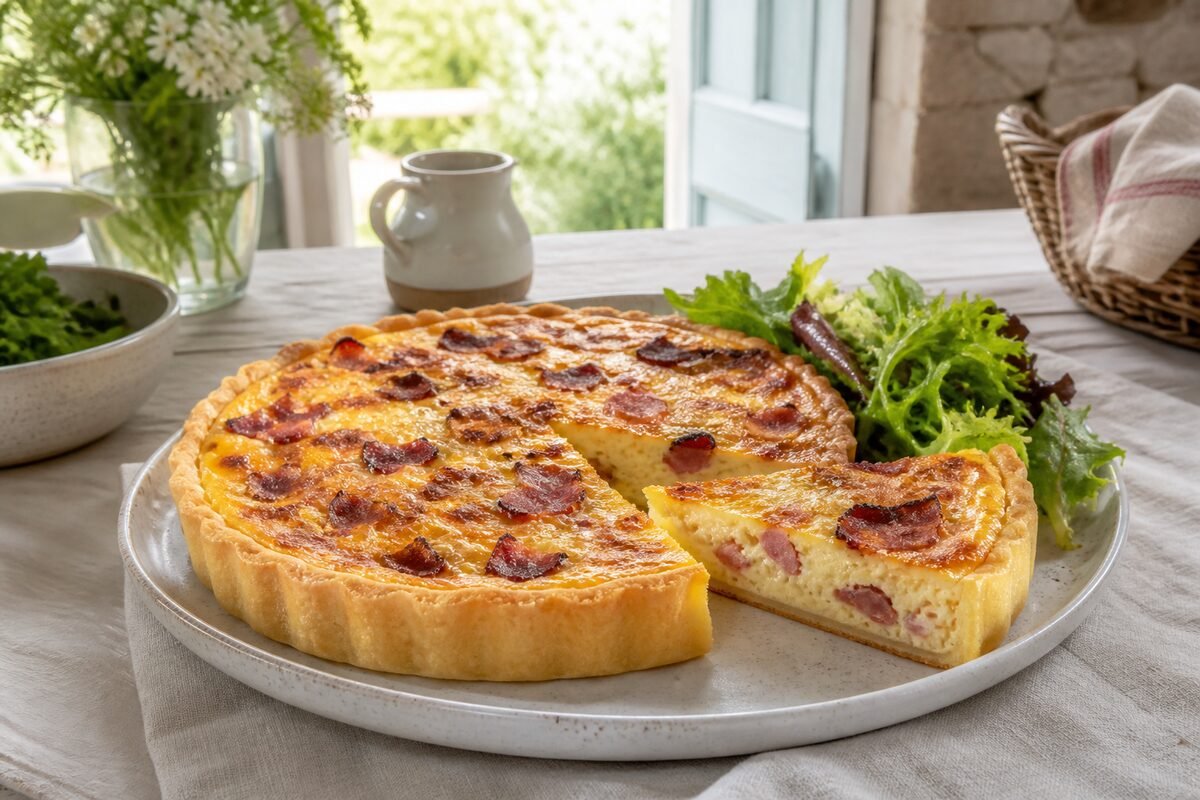 A golden French quiche Lorraine with bacon and cheese served with green salad.