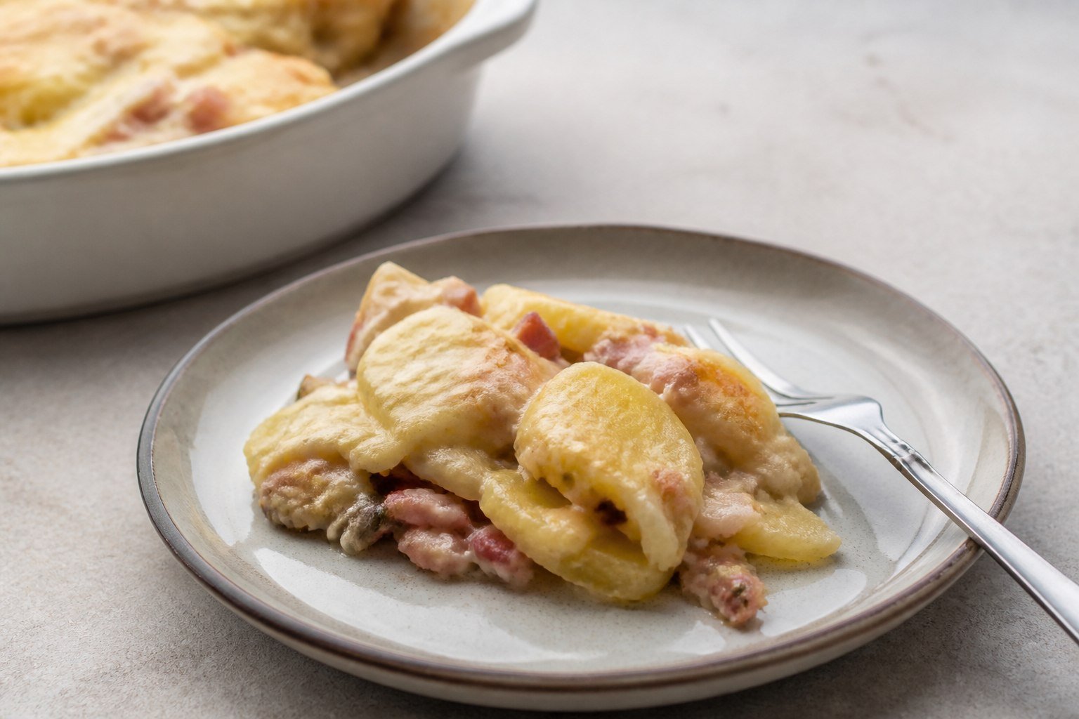 A serving of French tartiflette with tender potatoes, bacon, and melted cheese.