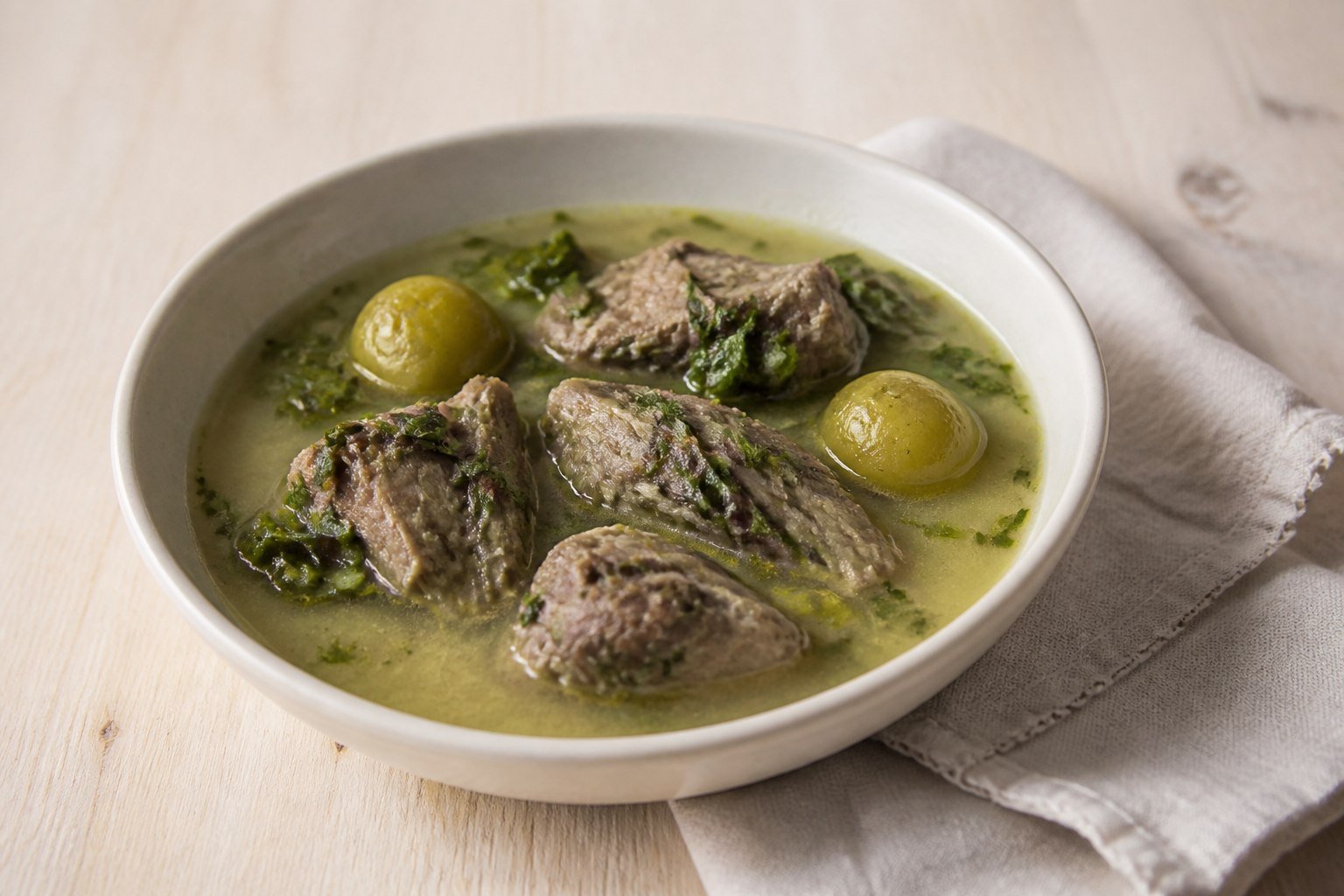 Georgian chakapuli lamb stew with green plums and fresh herbs.