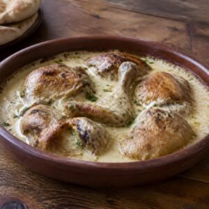 Georgian chkmeruli chicken in a creamy garlic sauce.