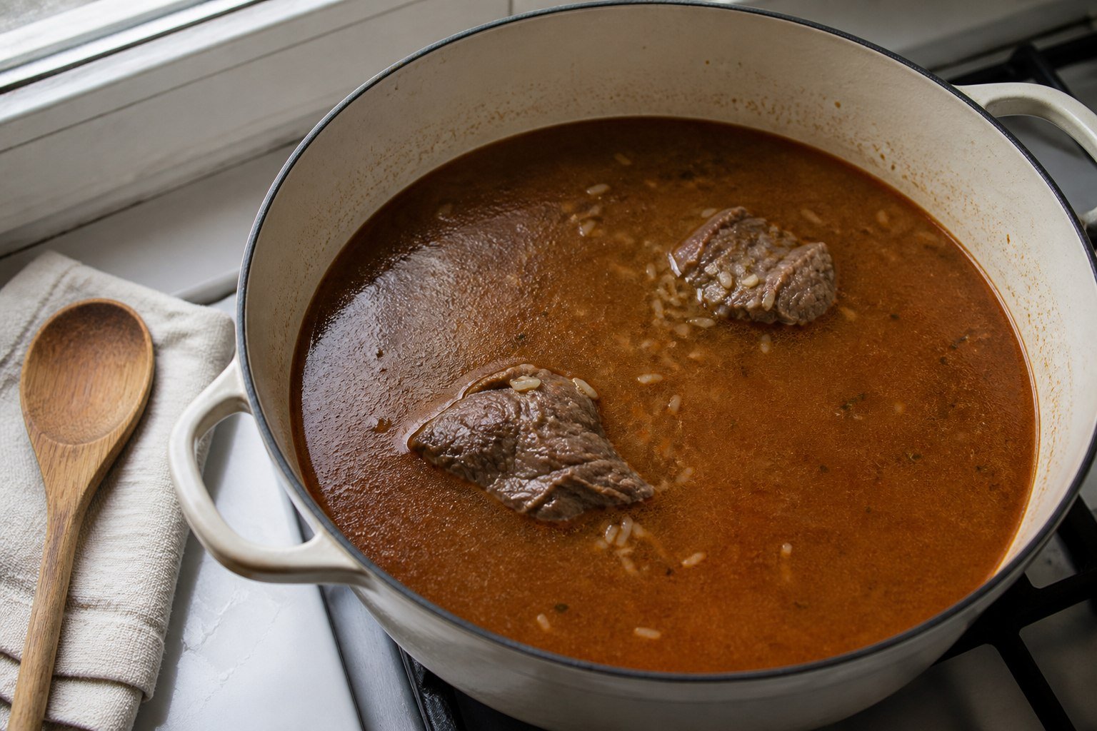 Georgian kharcho simmering in a pot with tender beef and rice.