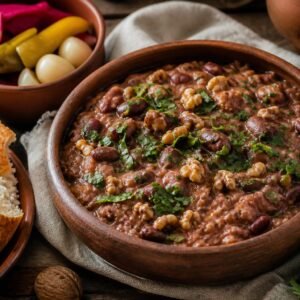 Georgian lobio red bean stew with walnuts, coriander, garlic, herbs, pickles, and crusty bread.