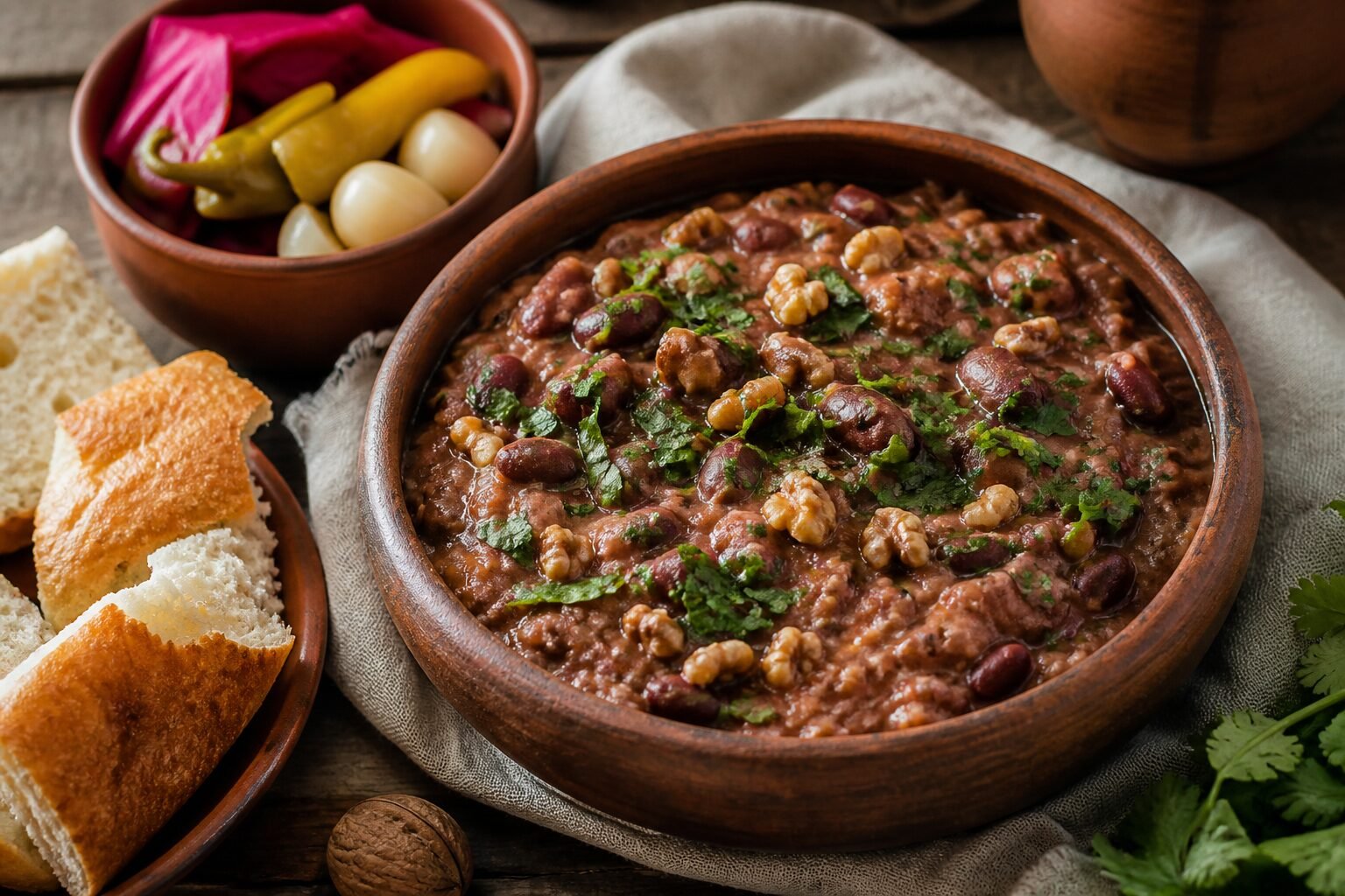 Georgian lobio red bean stew with walnuts, coriander, garlic, herbs, pickles, and crusty bread.