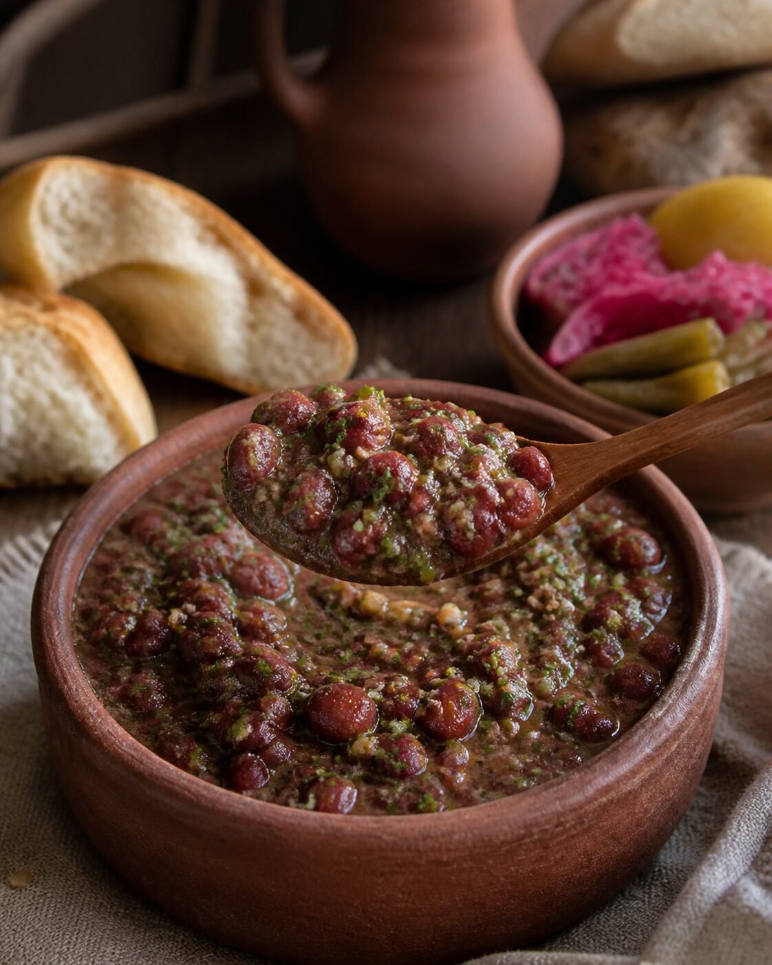 Georgian lobio being spooned from a clay casserole with walnuts, herbs, pickles, and bread.