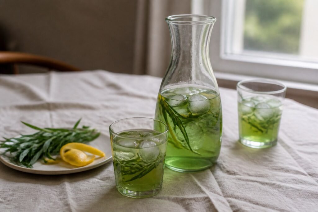 Georgian tarragon lemonade with pale green liquid, ice, tarragon, and lemon in simple glasses and a carafe.
