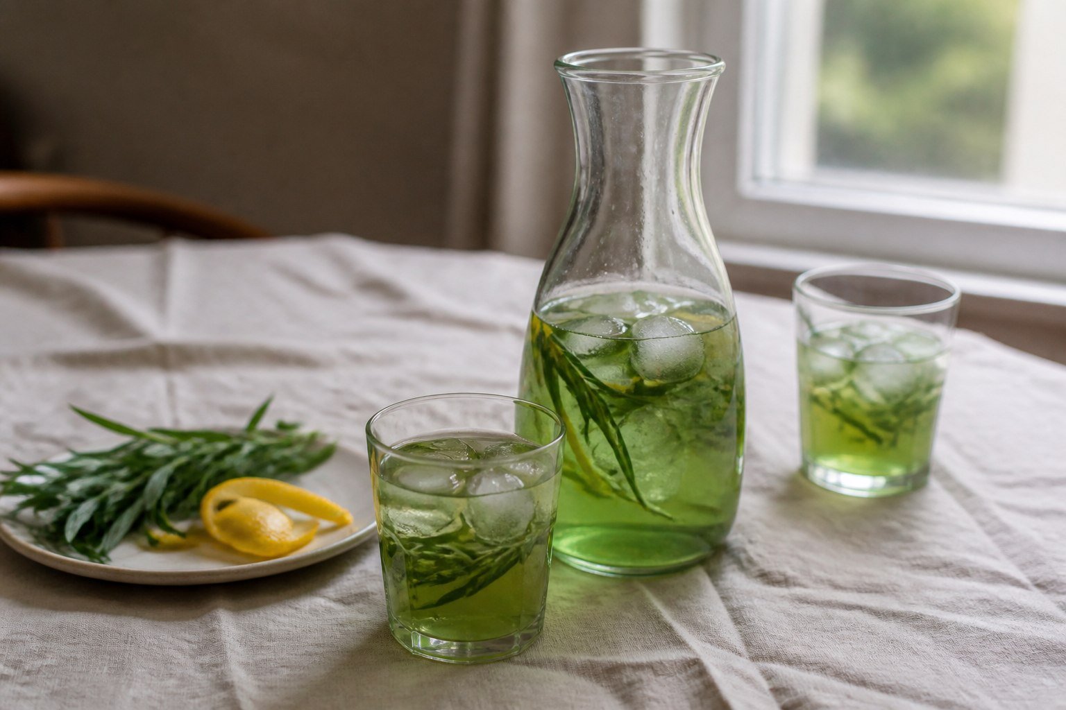 Georgian tarragon lemonade with pale green liquid, ice, tarragon, and lemon in simple glasses and a carafe.