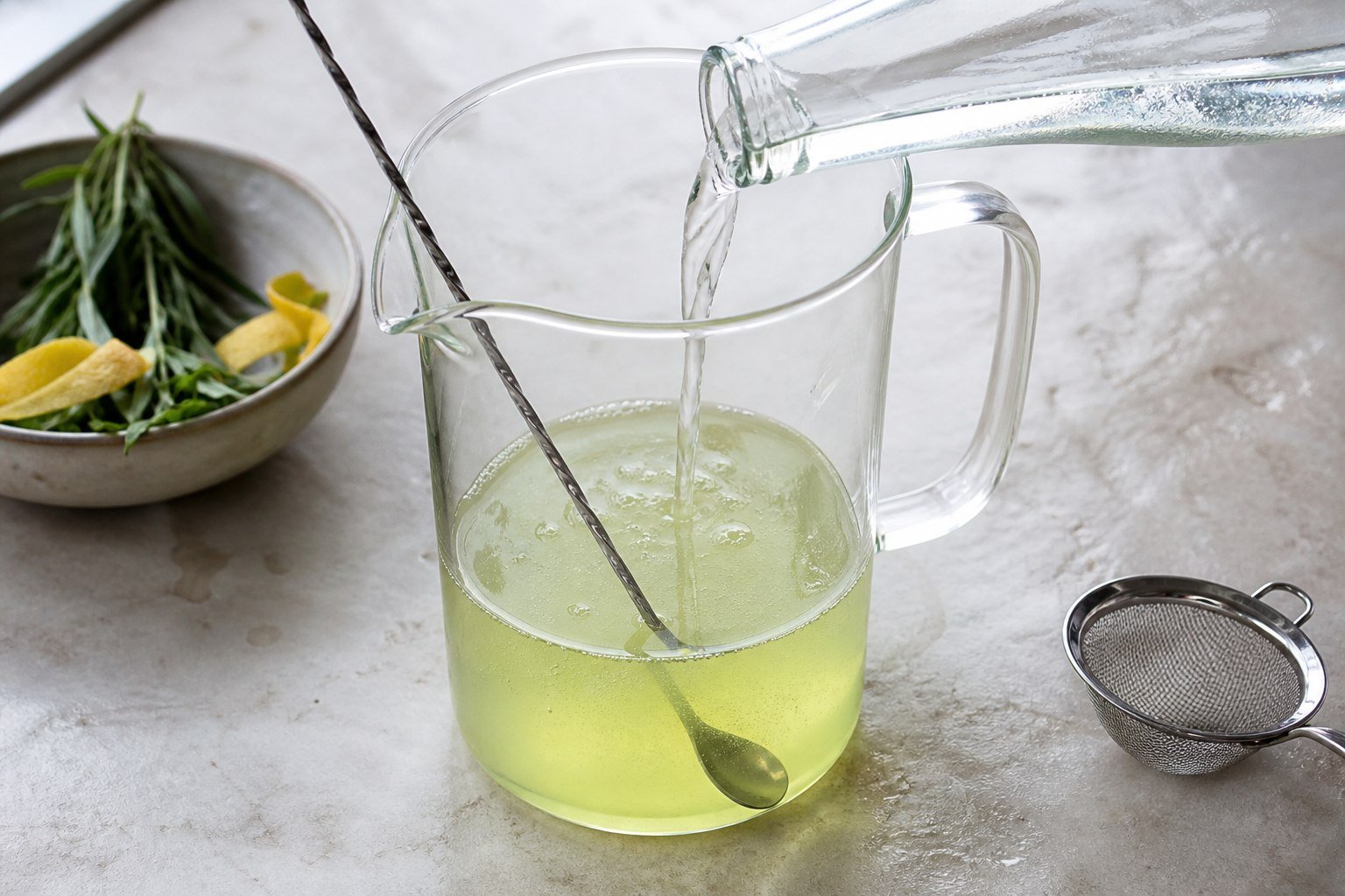 Sparkling water being mixed into pale green Georgian tarragon lemonade syrup in a glass pitcher.