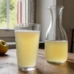 German Apfelschorle sparkling apple drink in a glass beside a carafe.