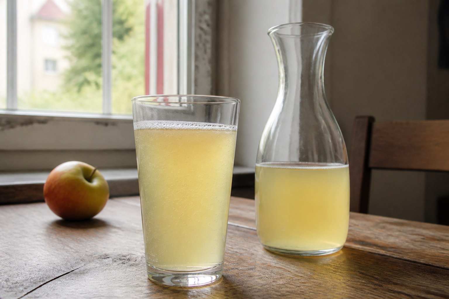 German Apfelschorle sparkling apple drink in a glass beside a carafe.