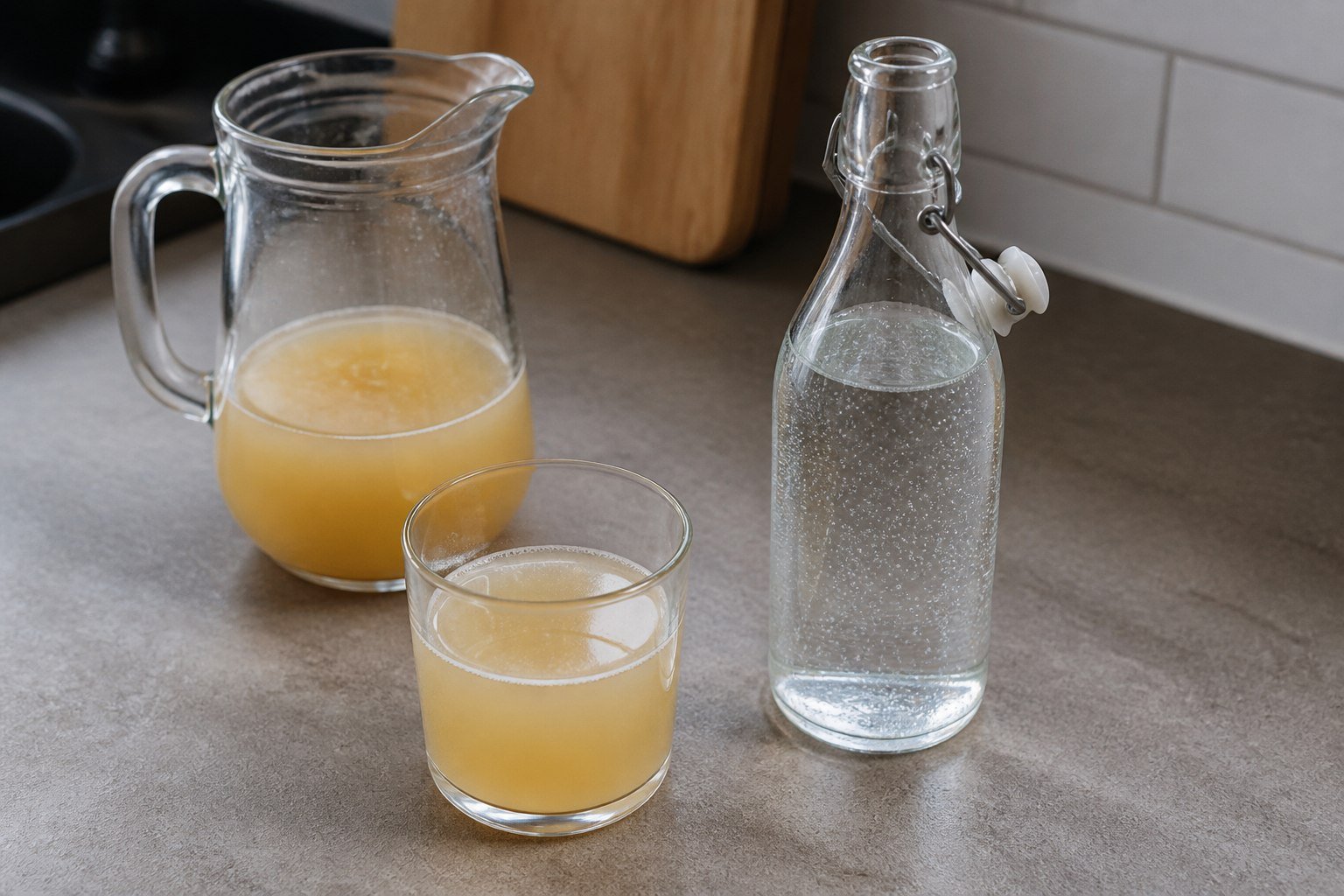 Cloudy apple juice, sparkling water, and a glass ready for mixing Apfelschorle.