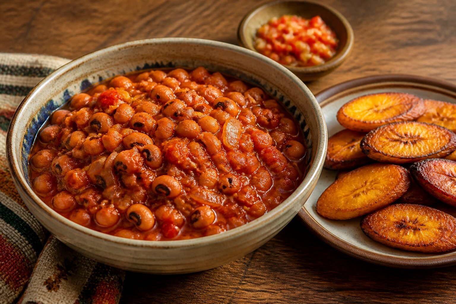 Ghanaian red red black-eyed pea stew with red palm oil, tomato, and fried ripe plantains.
