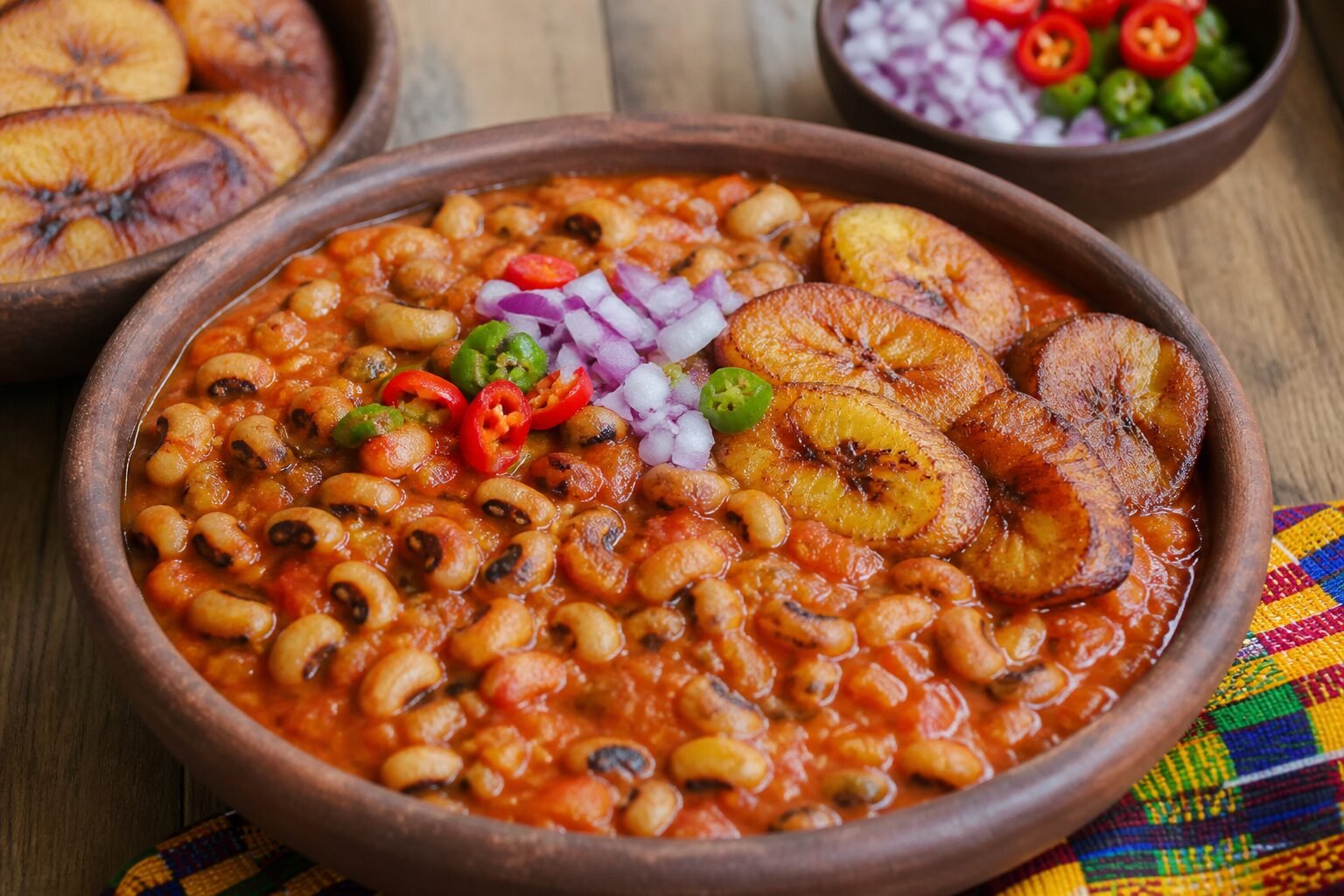 Ghanaian red red being served with creamy black-eyed peas, red tomato stew, and crisp fried plantains.