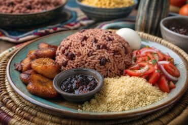 Ghanaian waakye rice and beans served with fried plantain, egg, gari, salad, and shito.