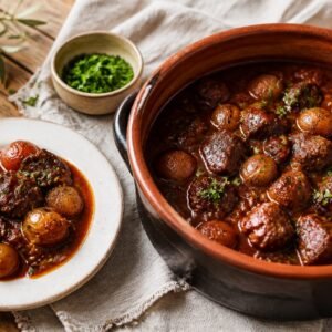 Greek beef stifado with pearl onions in a rich tomato and red wine sauce.