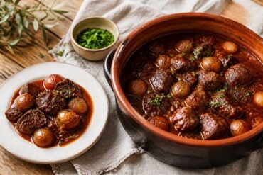 Greek beef stifado with pearl onions in a rich tomato and red wine sauce.