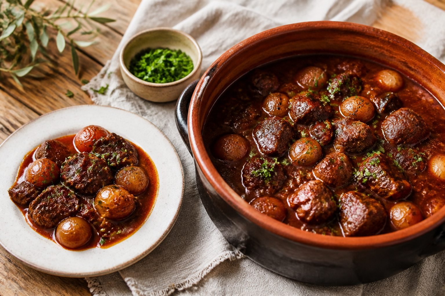 Greek beef stifado with pearl onions in a rich tomato and red wine sauce.