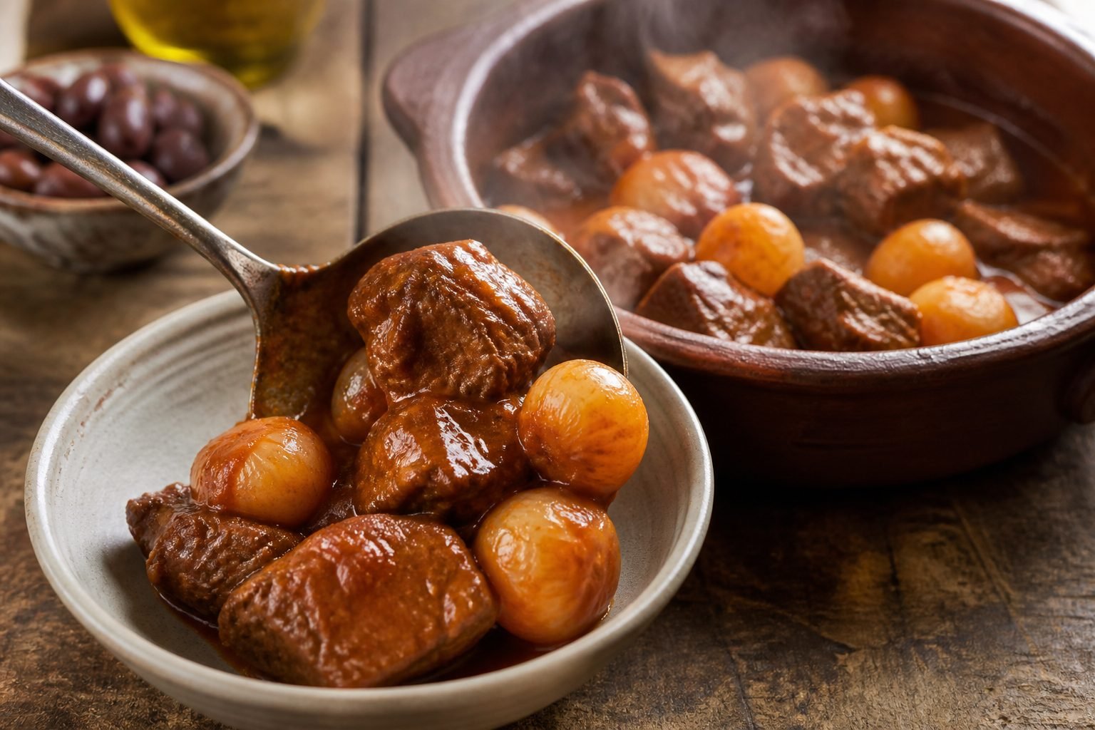 Tender cubes of beef and glossy pearl onions being served from a clay casserole.