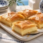 Greek galaktoboureko with crisp golden phyllo, creamy semolina custard, and lemon syrup.