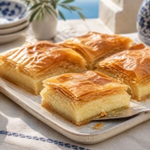 Greek galaktoboureko with crisp golden phyllo, creamy semolina custard, and lemon syrup.