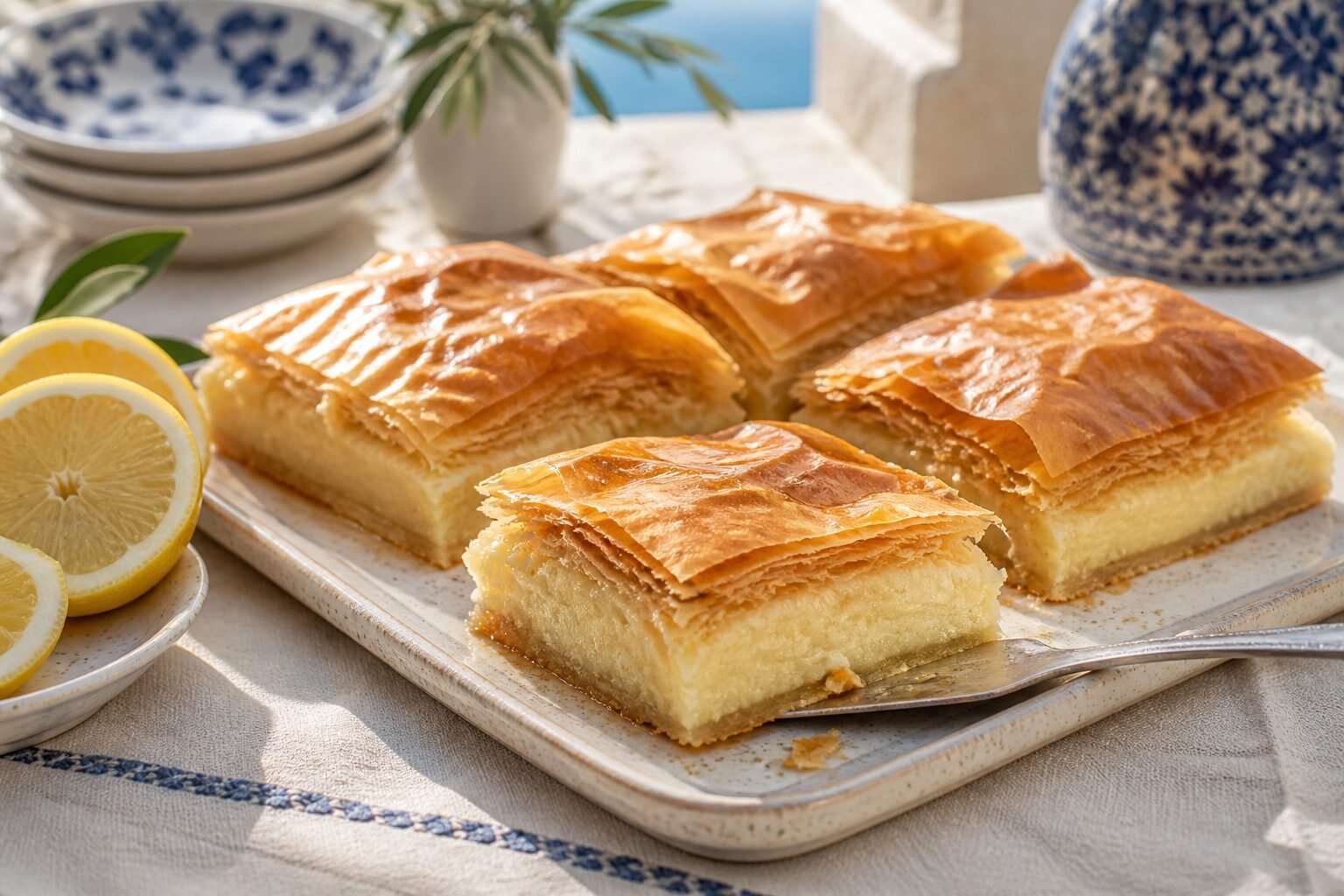 Greek galaktoboureko with crisp golden phyllo, creamy semolina custard, and lemon syrup.