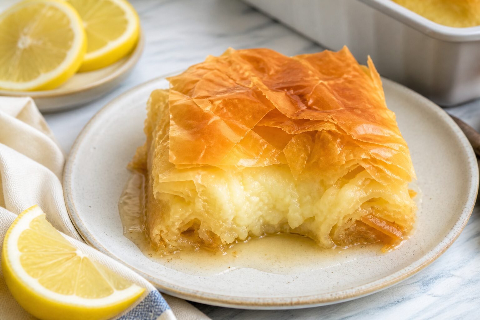 A cut square of Greek galaktoboureko showing creamy custard between flaky phyllo layers and lemon syrup.