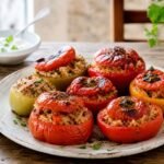 Baked tomatoes and peppers stuffed with herbed rice in a Mediterranean dish.