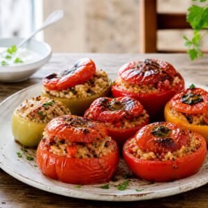 Baked tomatoes and peppers stuffed with herbed rice in a Mediterranean dish.