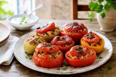 Baked tomatoes and peppers stuffed with herbed rice in a Mediterranean dish.