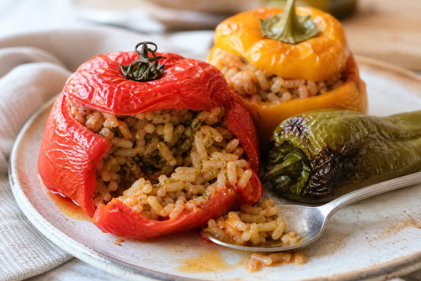 A cut stuffed tomato reveals the herbed rice filling in Greek gemista.