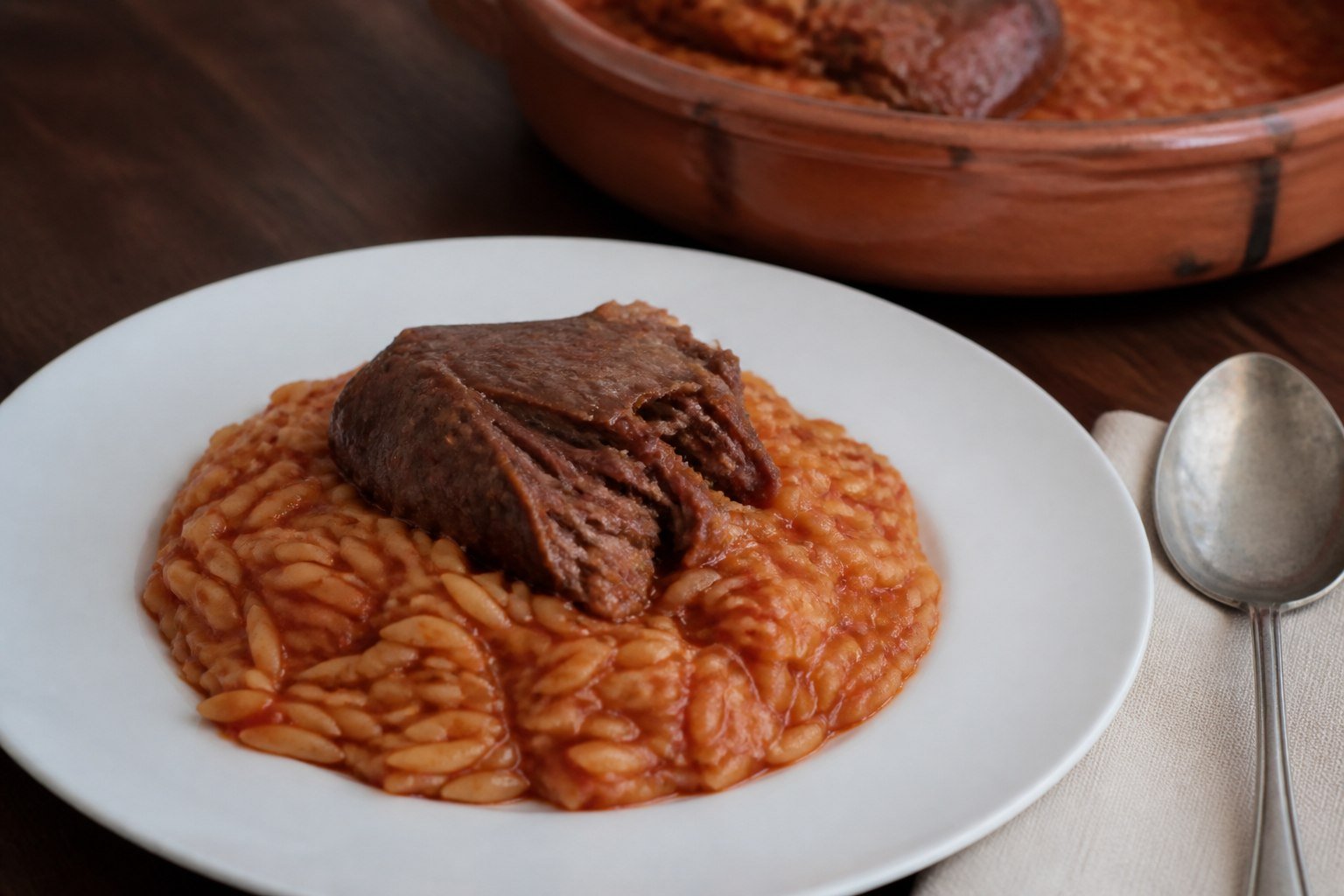 A serving of Greek beef and orzo giouvetsi on a white plate.